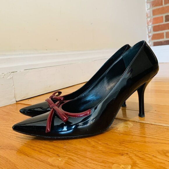 PRADA Black Patent Leather Heels With Maroon Bow, Size 41 US 11 - Picture 2 of 16